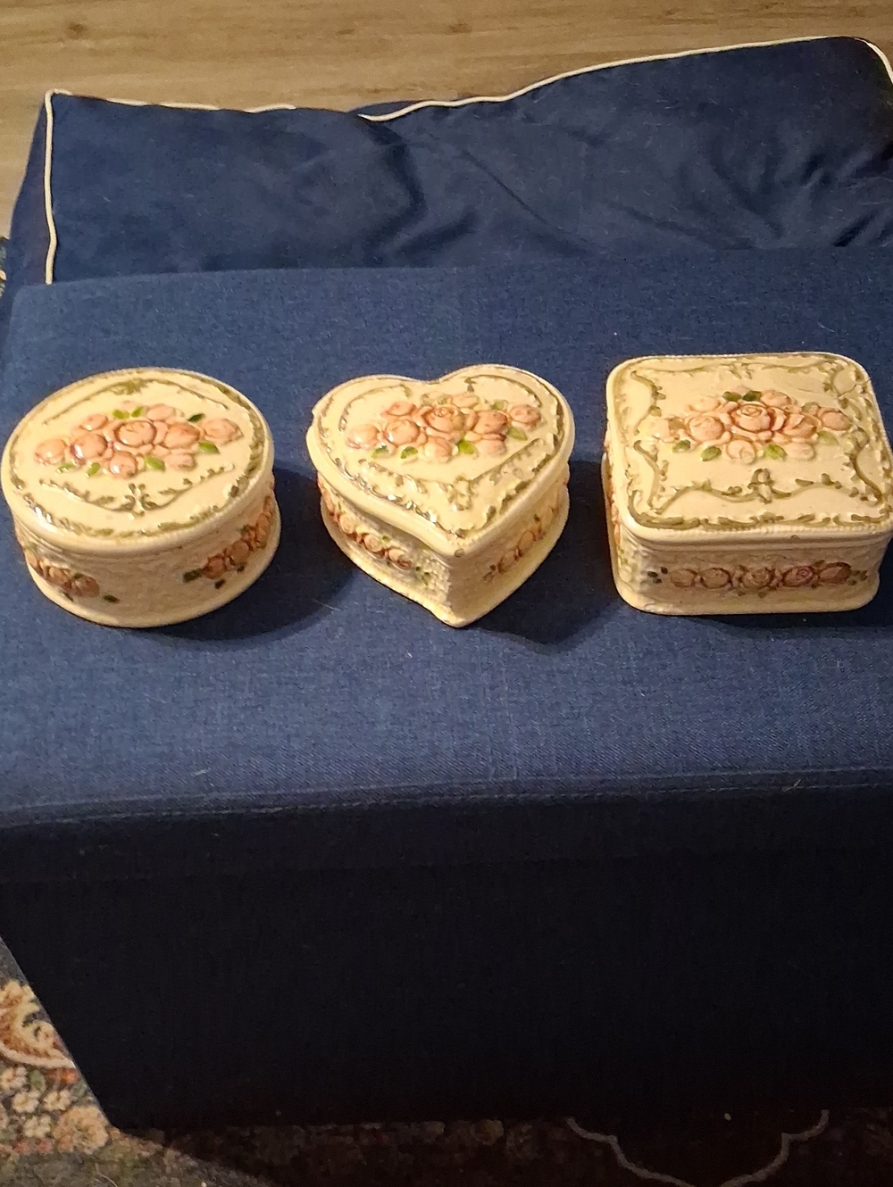Albert Weiss Cream Floral Ceramic Trinket Box Set with Pink Roses and Gold Trim